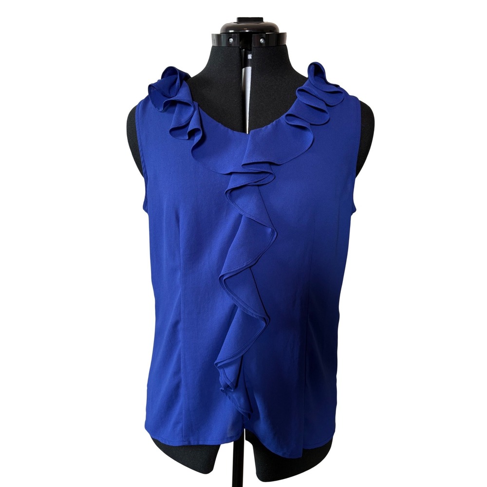 Talbots Royal Blue Ruffle Front Sleeveless Blouse Top Size 8 Cobalt V-Neck Crepe